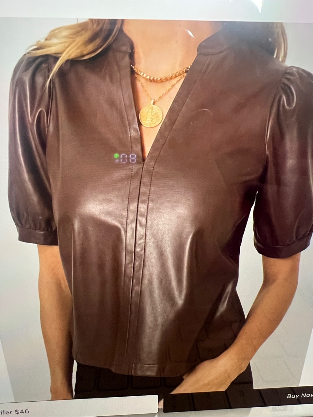 Faux Leather V-Neck Short Sleeve Tunic in Dark Brown